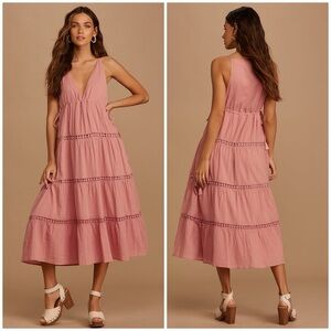 Lulus Favorite Feeling Rose Pink Crochet Lace Tiered Midi Dress Bust 32”